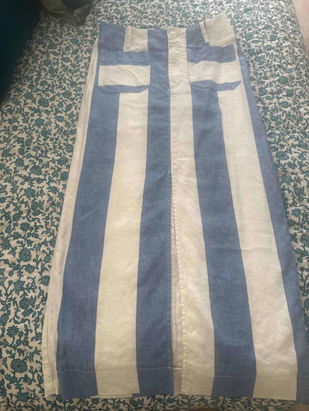 Anthropologie Colette Linen Maxi Skirt Stripes Patch Pockets Blue Slit Sz Medium - Picture 3 of 11